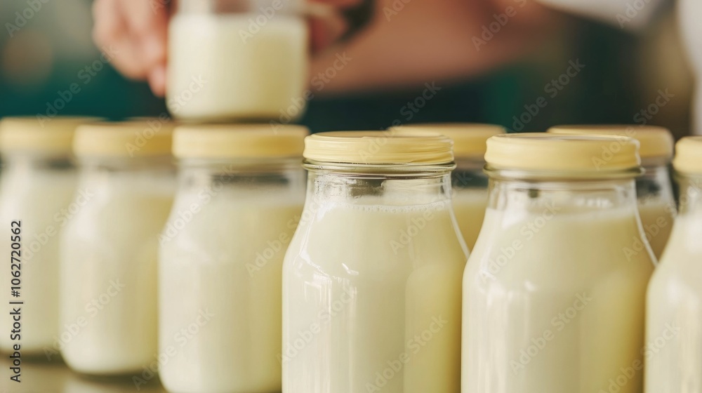 Freshly ladled raw milk being poured into smaller glass jars with the rich creamy top layer still intact showcasing the natural goodness and of this dairy product straight from the farm Freshly ladled raw milk being poured into smaller glass jars with the rich creamy top layer still intact showcasing the natural goodness and of this dairy product straight from the farm