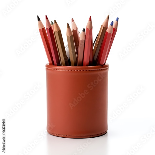 A Brown Leather Pencil Holder Filled with Colored Pencils