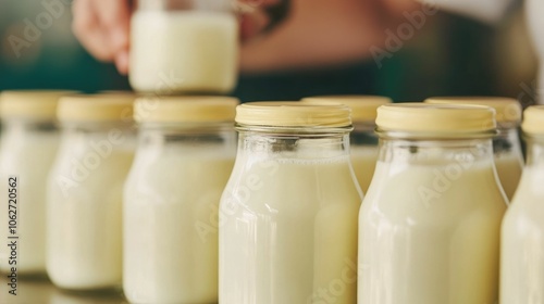 Freshly ladled raw milk being poured into smaller glass jars with the rich creamy top layer still intact showcasing the natural goodness and of this dairy product straight from the farm