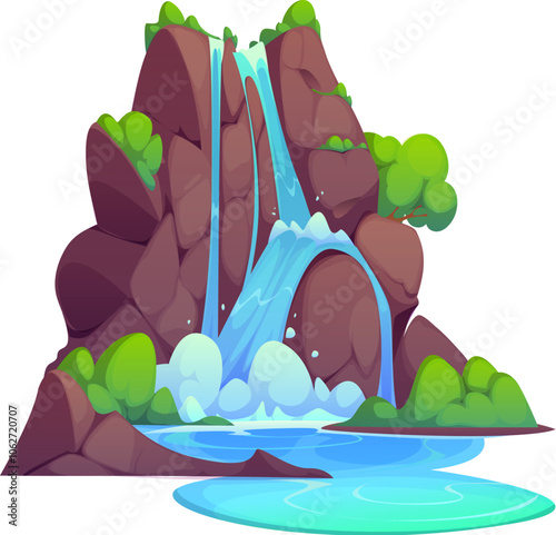 Cartoon waterfall and water cascade. Vector splashing streams and jets falling down the rocky cliff with green vegetation. Isolated multiple flow, natural environment, game location or park decoration