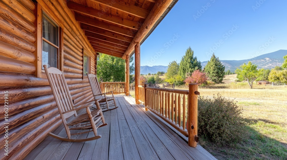 Peaceful Cabin Porch with Rocking Chairs in Nature Peaceful Cabin Porch with Rocking Chairs in Nature