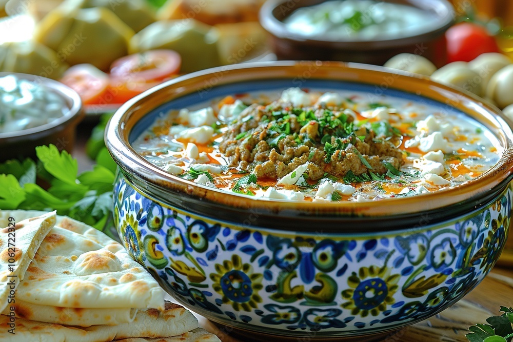 A bowl of savory dish garnished with herbs, accompanied by bread and fresh ingredients. A bowl of savory dish garnished with herbs, accompanied by bread and fresh ingredients.