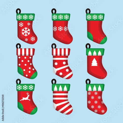 Christmas Socks Green, Red, and White Simple Flat Vector