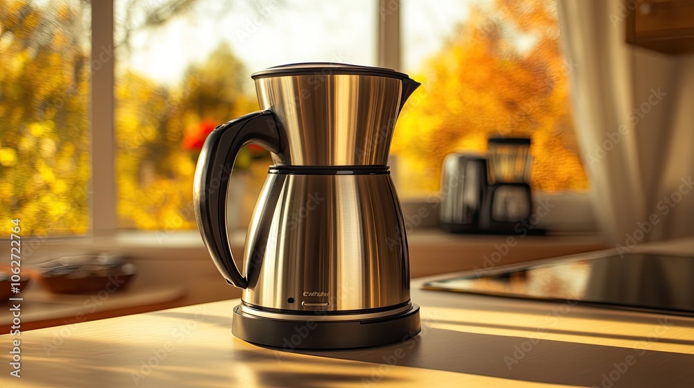 Modern Stainless Steel Electric Kettle in a Cozy Kitchen Modern Stainless Steel Electric Kettle in a Cozy Kitchen