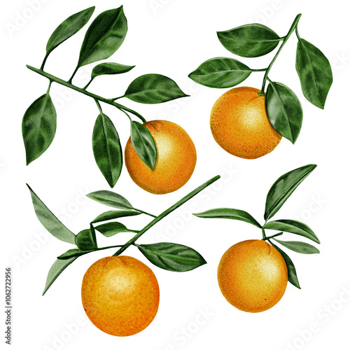 Branches with oranges. Four stems with leaves and fruits. Lots of green leaves. Juicy fruits. Watercolor illustration. No background