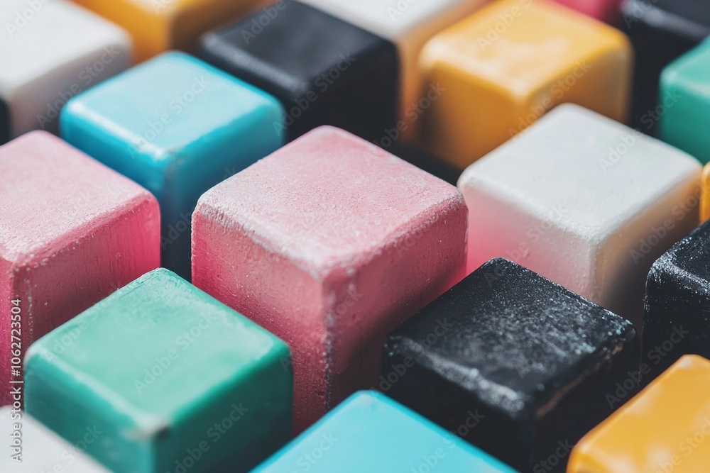 A close-up of colorful cubes, arranged in an abstract pattern, creating a visually appealing and playful composition. The cubes have different colors. A close-up of colorful cubes, arranged in an abstract pattern, creating a visually appealing and playful composition. The cubes have different colors.