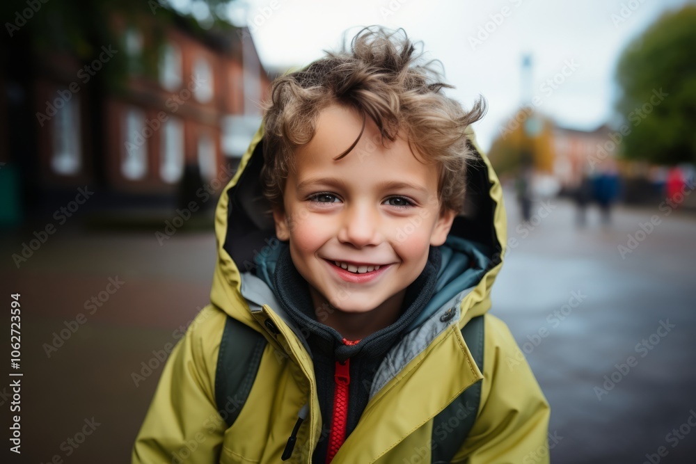 Portrait of a smiling little boy in a green jacket on the street Portrait of a smiling little boy in a green jacket on the street
