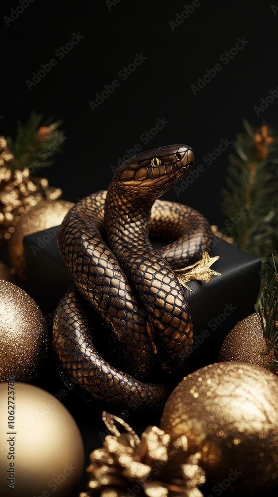 Wood snake on Christmas gifts in black and gold colors. Premium Christmas and Lunar New Year vertical background Wood snake on Christmas gifts in black and gold colors. Premium Christmas and Lunar New Year vertical background