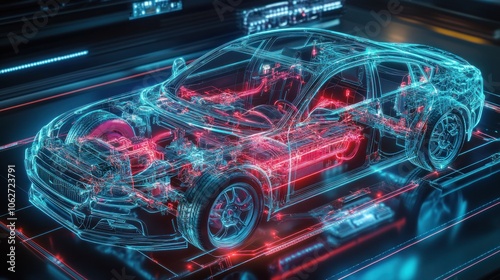Wireframe of a car with glowing red and blue lines on a dark background.