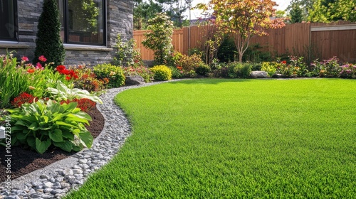 Beautiful Garden with Lush Lawn and Colorful Flowers