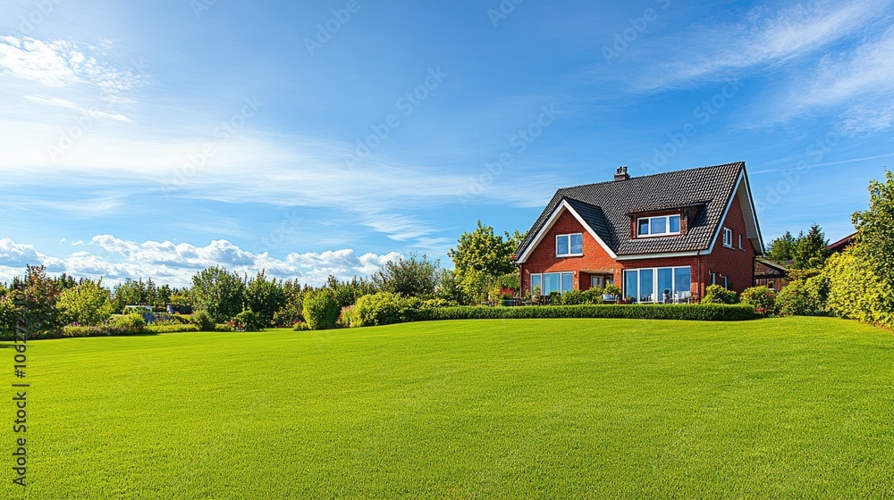 Beautiful House Surrounded by Green Lawn and Trees Beautiful House Surrounded by Green Lawn and Trees