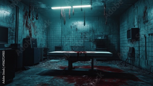 A bloody and disturbing room with a metal table in the middle, a few hanging meat pieces and blood spatter on the walls.