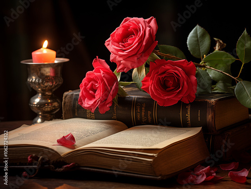 Red rose gently resting on a book of poetry filled with poems, soft candlelight creating a sense of love and literary beauty photo