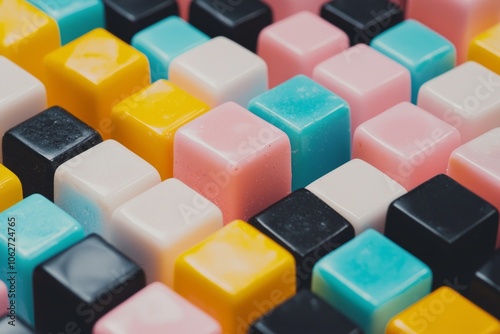 A close-up of colorful cubes, arranged in an abstract pattern, creating a visually appealing and playful composition. The cubes have different colors.