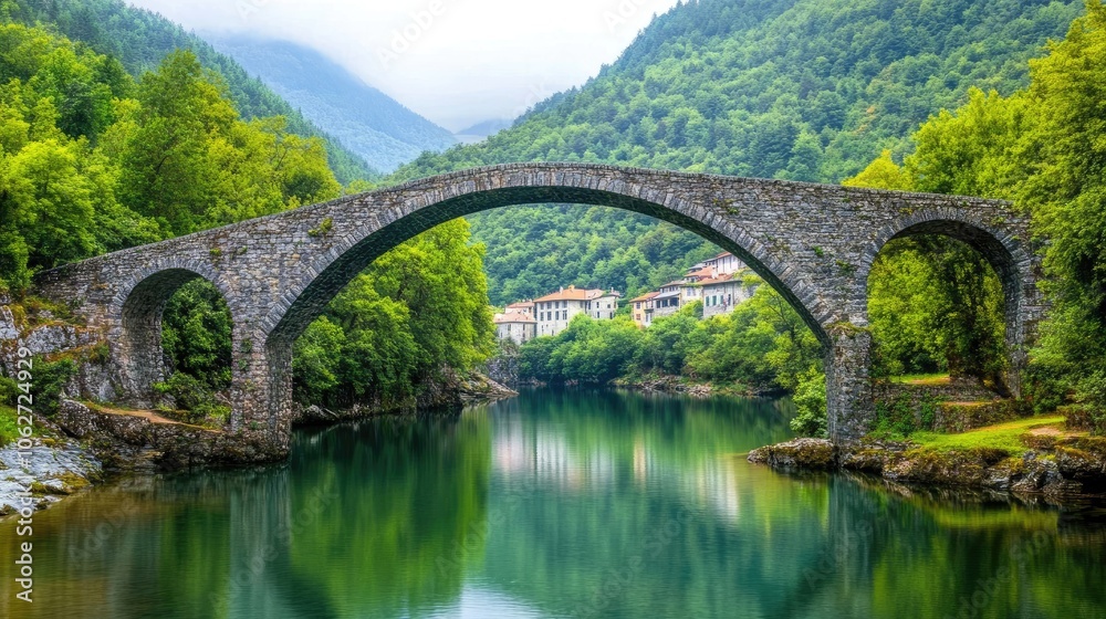 Scenic Stone Bridge Over Calm River in Lush Green Landscape Scenic Stone Bridge Over Calm River in Lush Green Landscape