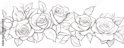 Rose flower arrangement line art on white background. Silhouette roses botanical hand drawn element for wedding, invitation frame design. Generative Ai