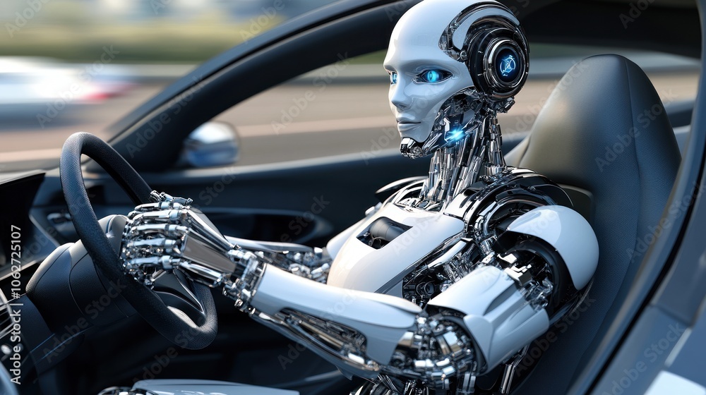 A humanoid robot driving a car on the road. A humanoid robot driving a car on the road.