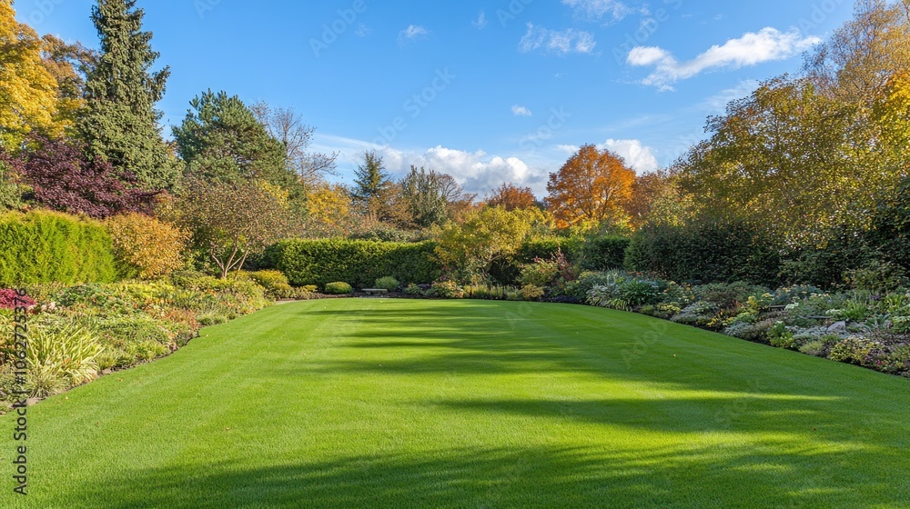 Lush Green Lawn in Autumn Garden Landscape Lush Green Lawn in Autumn Garden Landscape