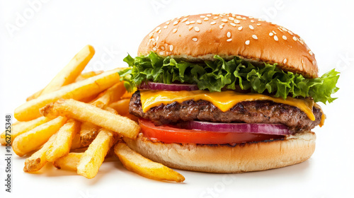 A delicious cheeseburger with lettuce, tomato, and onion, served with crispy French fries.