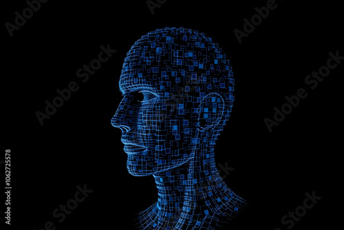 A digital representation of a human head in profile, composed of interconnected circuits and glowing data points, symbolizing artificial intelligence and technology.