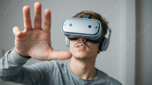 young man wearing virtual reality goggles interacts with digital environment, showcasing excitement and curiosity. His hand reaches out, emphasizing immersion in technology