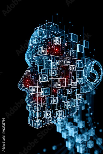 A digital representation of a human head in profile, composed of interconnected circuits and glowing data points, symbolizing artificial intelligence and technology.