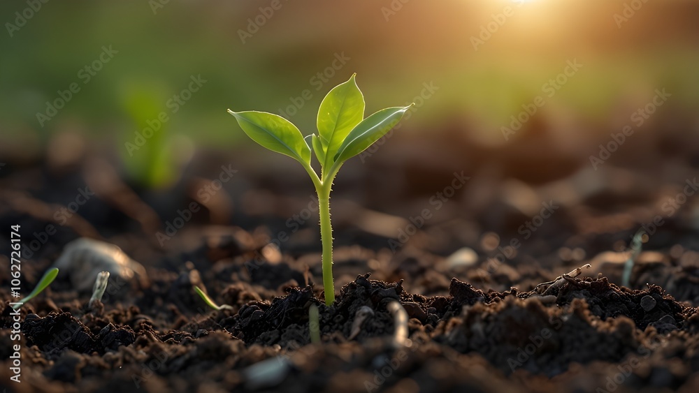 A tiny green sprout is emerging from the earth. nature's awakening in the spring. The backdrop is a sunset. up close. A tiny green sprout is emerging from the earth. nature's awakening in the spring. The backdrop is a sunset. up close.