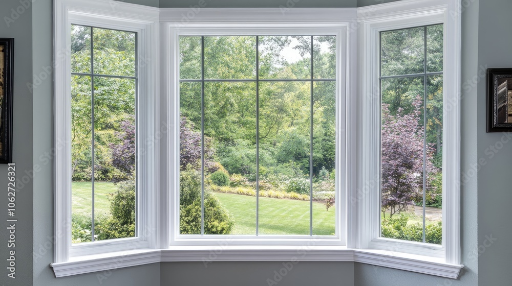 Fototapeta premium Serene View from a Bay Window in a Garden Setting