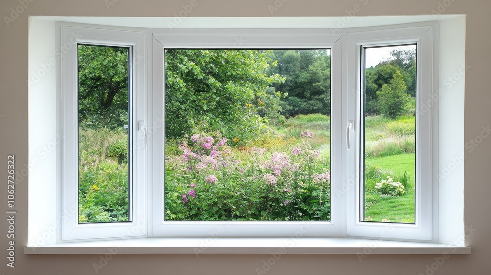 Bright Window View Overlooking a Colorful Garden Scene Bright Window View Overlooking a Colorful Garden Scene