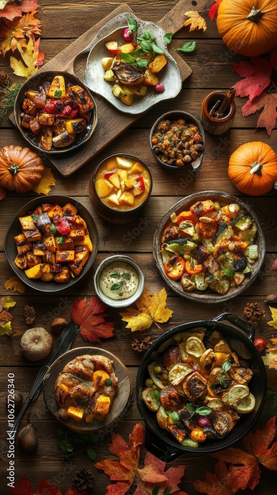 A cozy autumn spread featuring roasted vegetables, pumpkin dishes, and spiced apple cider. A cozy autumn spread featuring roasted vegetables, pumpkin dishes, and spiced apple cider.
