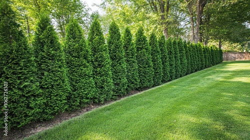 A row of emerald green arborvitae trees form a hedge along a manicured lawn.