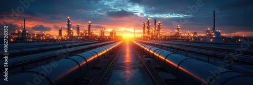 Dawn at the Oil Refinery, expansive view of storage tanks and intricate piping, showcasing industrial architecture in early morning light photo