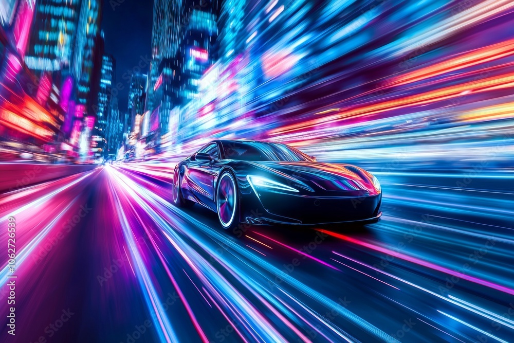 A futuristic car speeding through an urban cityscape at night, surrounded by neon lights and skyscrapers. A futuristic car speeding through an urban cityscape at night, surrounded by neon lights and skyscrapers.