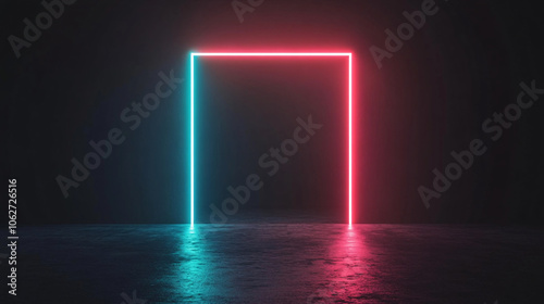 A dark, minimalistic image of a neon rectangle outlined by intense red and blue lights. The red light forms the top and right sides, while the blue light shapes the left and bottom. The black