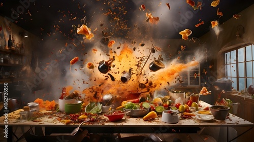 A dramatic motion focused scene of a fiery kitchen disaster with various spices vegetables and cooking tools suspended in mid air amid an explosive backdrop
