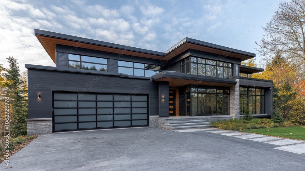 Modern house with black exterior and large windows, driveway and walkway leading to the front door. Modern house with black exterior and large windows, driveway and walkway leading to the front door.