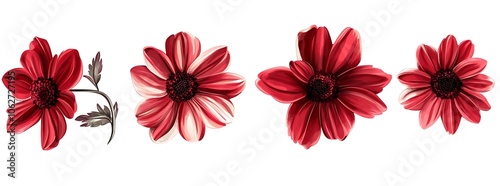 Set of isolated Flowers and leaves red color effect abstract. Daisy floral elements suitable for texture repeated. White color background. Generative Ai