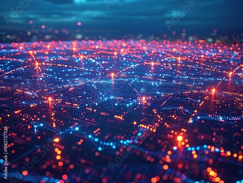 A digital visualization of interconnected networks with glowing nodes and lines.