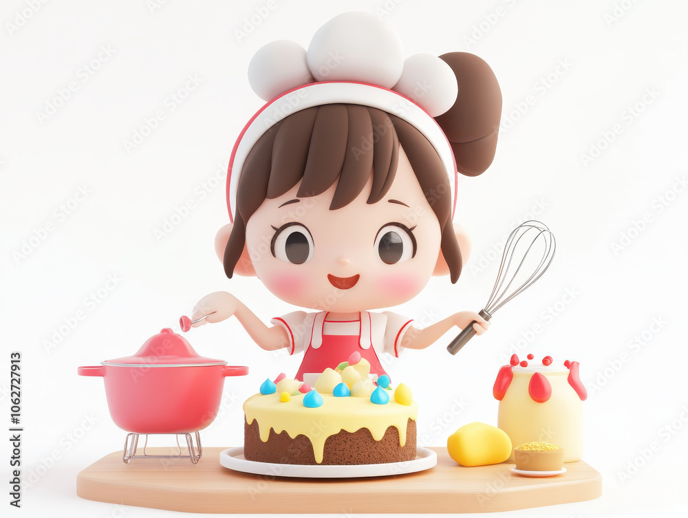 Cute kawaii child baking cake, wearing apron and mixing ingredients with whisk. scene is cheerful and colorful, showcasing joyful baking experience Cute kawaii child baking cake, wearing apron and mixing ingredients with whisk. scene is cheerful and colorful, showcasing joyful baking experience