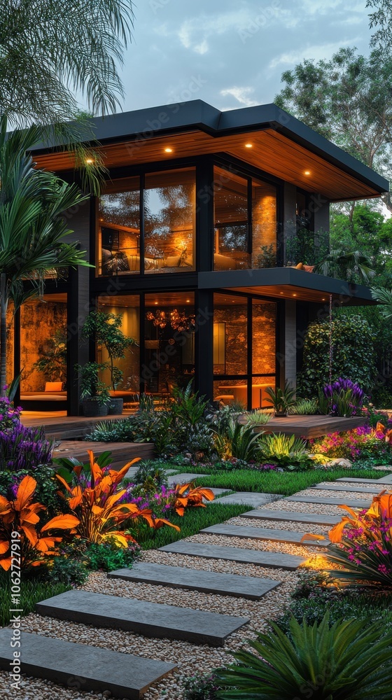 Serene outdoor lounge nestled among lush greenery, contemporary home backdrop, inviting space for relaxation and social gatherings Serene outdoor lounge nestled among lush greenery, contemporary home backdrop, inviting space for relaxation and social gatherings