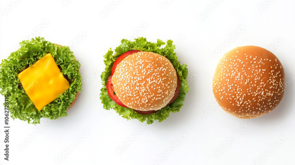 Three hamburger buns with lettuce, cheese, and tomato, showcasing ingredients for a burger. Three hamburger buns with lettuce, cheese, and tomato, showcasing ingredients for a burger.
