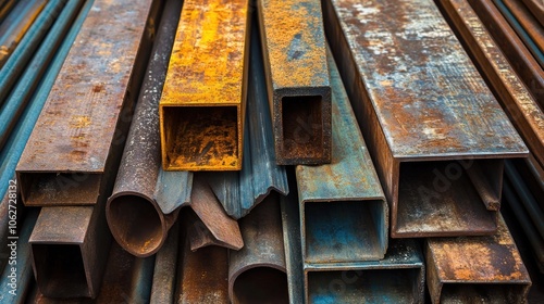 A close-up shot of a pile of rusted steel beams and pipes.
