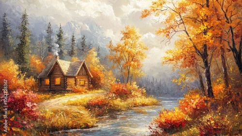 Oil painting on canvas autumn landscape with wooden old house near river, beautiful flowers and trees.