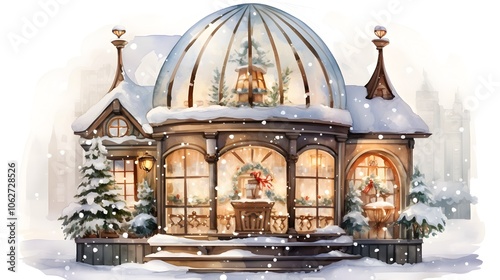 Whimsical snow globe featuring a cozy inviting teahouse nestled in a winter wonderland landscape emanating a warm glow from the windows and rendered in a dreamy watercolor inspired style  This serene photo