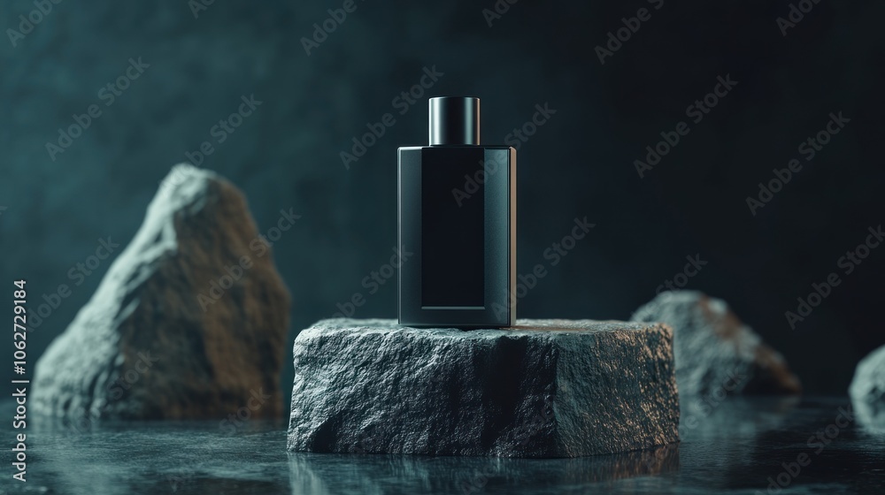 A black perfume bottle on a rock formation with a dark blue background. A black perfume bottle on a rock formation with a dark blue background.
