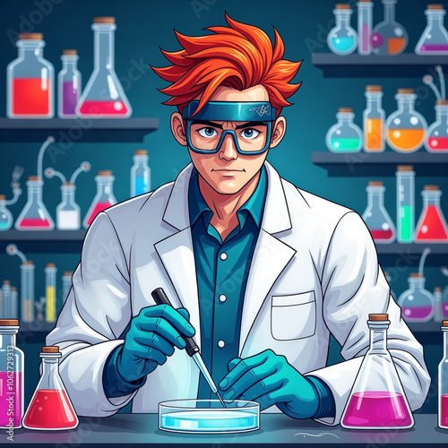 Man in a lab coat is working on a scientific experiment photo