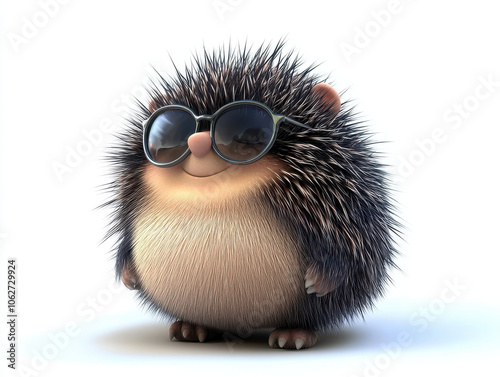 Kawaii cartoon porcupine with tiny glasses, isolated on white background, exuding playful and cheerful vibe. Perfect for children illustrations or fun designs