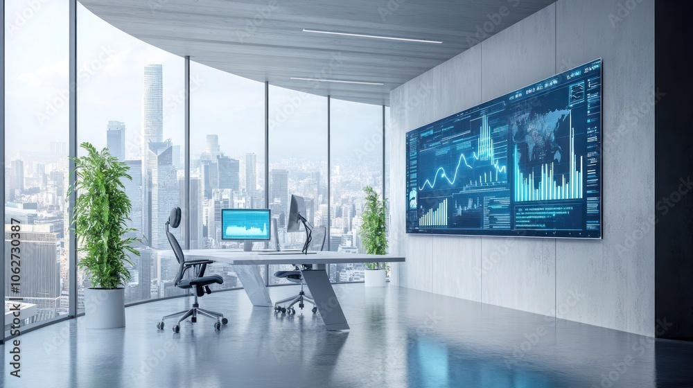 Modern office interior with large screen displaying data and a panoramic city view. Modern office interior with large screen displaying data and a panoramic city view.