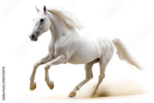 White horse with long mane run free gallop isolated on white. Generative Ai