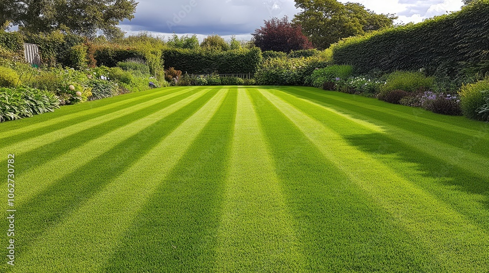 Naklejka premium Lush Green Lawn with Striped Design in Garden